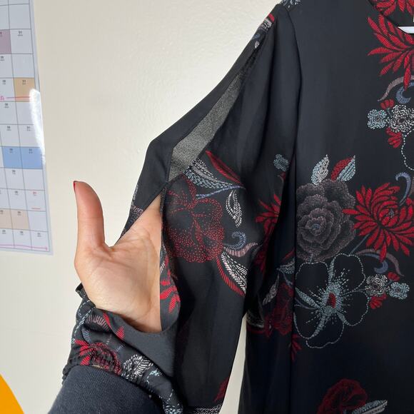 Maurices Dark Floral Dress L Shift Mini Black Red Romantic Long Split Sleeve - Picture 5 of 9